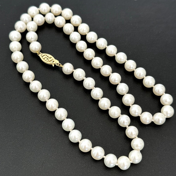 14K Yellow Gold Genuine 6.5MM Cream Pearls Hand Knotted Strand Necklace 18